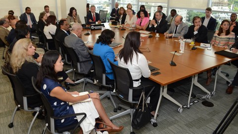 La vicepresidente de la República, doctora Margarita Cedeño, explica a los representantes de la Mesa de Donantes del Banco Mundial (BM) el organigrama del Gabinete de Coordinación de Políticas Sociales (GCPS) y su aplicación en los programas sociales destinados a reducir la pobreza.